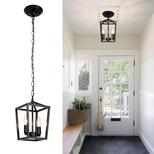 Image of 2-Light Farmhouse Chandelier, Industrial Ceiling Light Black Lantern Pendant Lighting Fixtures with Metal Cage Adjustable Height Rustic Geometric Hanging Light E14 Base for Kitchen Island, Entryway