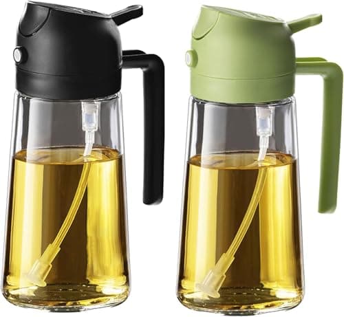 Image of 2-in-1 Glass Oil Spray Bottle & Dispenser – 470ml Olive Oil Sprayer with Wide Mouth for Easy Refill, Leak-Proof Kitchen Gadget for Air Frying, BBQ & Baking, Dishwasher Safe,2 Pack (Black & Green)