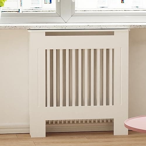 Image of High Radiator Cover Wood Cabinet: Internal Height 100cm Small White Heater Covers Vertical Slats Modern Tall Radiator Shelf Thicken MDF Wooden Kitchen Bedroom Cabinet for Living Room