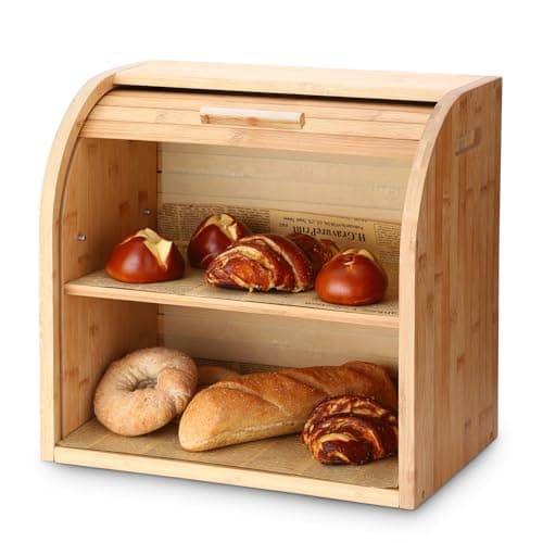 Image of G.a HOMEFAVOR Bamboo Bread Bin, 2-Layer Bamboo Bread Bin, Roll-Top Bread Box with Removable Layer, Self Assembly