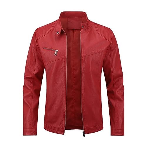 Image of Allthemen Mens Leather Jackets Casual Stand Collar Jacket Full Zipper Bomber Jacket Long Sleeve Outdoor #08 Red L