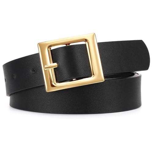 Image of WHIPPY Fashion Women Leather Belt for Jeans Pants Dresses Vintage Ladies Gold Buckle Waist Belt Casual PU Leather Belts,Black,M: Fit waist size 31"-35"