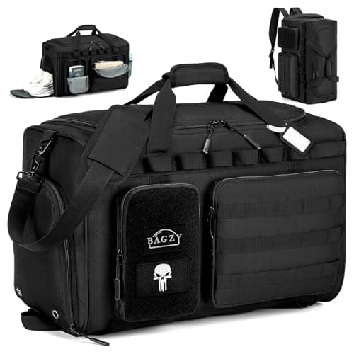 Image of BAGZY Tactical Gym Sports Bag for Men 50L, Travel Duffle Bag with Shoes Compartment and Wet Compartment Oxford Weekend Travel Bag 55x35x25 cm Overnight Bag with Adjustable Shoulder Strap, Black