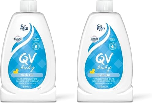 Image of QV Baby Bath Oil, 500ml - with Vitamin E, Delicate, Water-dispersible, Everyday Use, Non-Greasy for Sensitive Skin, Suitable for Face, Body & Hair, Baby Bath Wash for Eczema, Cradle Cap, Dermatitis