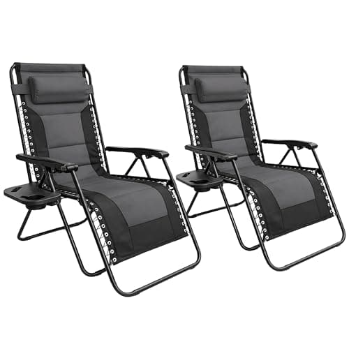 Image of Outsetter Set of 2 Extra Wide Zero Gravity Chairs, Luxury XXL Premium Heavy Duty Padded Garden Recliners,Sun Lounger Folding Garden Recliner,Adjustable Headrest,Cup & Phone Holder(Dark Grey)