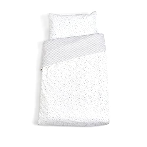 Image of Clair de Lune | Reversible Stars & Stripes Toddler Duvet Cover with Pillow Case | Bedding Set for Cot Beds and Toddler Beds - Grey