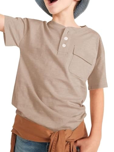 Image of Haloumoning Short Sleeve T-Shirt Boys Summer Henley Tee Basic Shirts Children's Tops with Pocket, Khaki, 4-6 Years