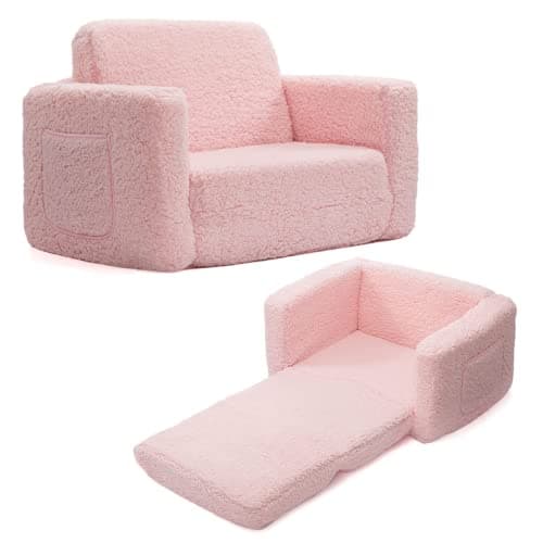 Image of BEJOY Kids Sofa Bed 2-in-1 Flip Out Cuddly Sherpa Toddler Couch Convertible Sofa to Lounger Children Sofa Bed Children's Day and Birthday Gift for Girls Boys, Pink