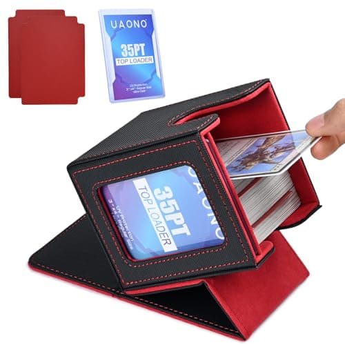 Image of UAONO Card Deck Box with MTG Commander Display, Patented Design Card Deck Case Holds 100+ Double-Sleeved Cards, PU Leather Cards Storage Box For TCG with 2 Dividers, 1 Top Loader (Black&Red)