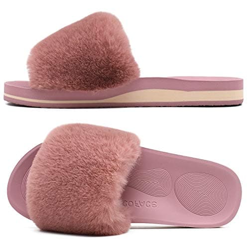 Image of COFACE Womens Slippers with Arch Support Open Toe Faux Fur Women Fluffy Sliders Size 5 Orthopedic Orthotic Ladies House Slippers for Plantar Fasciitis