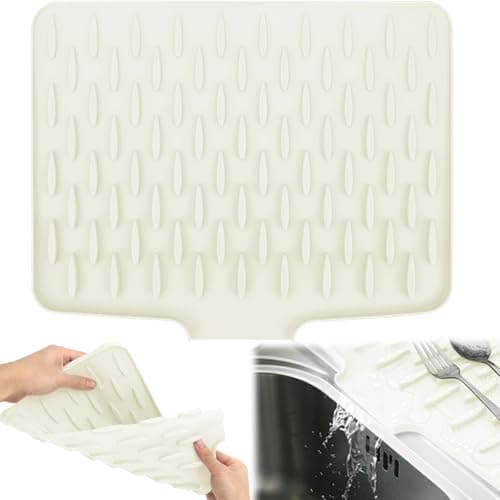 Image of RZCOMP Silicone Draining Mat,Silicone Dish Drying Mat Non-Slip Sink Drainer Mat,No-Spill Mat & Heat Resistant Folding Draining Board Mat for Campervan Kitchen Counter,Sink (Creamy White)
