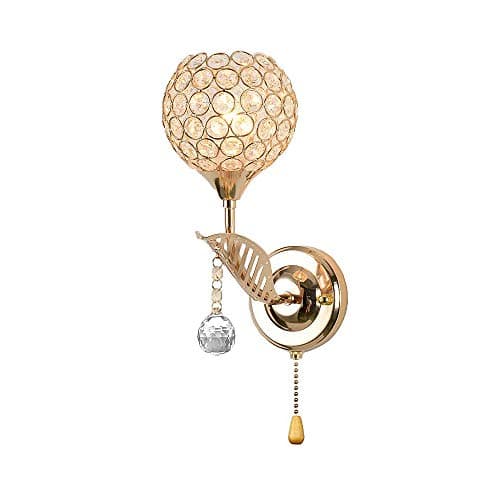 Image of WeFoonLo Modern Crystal Wall Light Pendent Lamp Chrome Finish Bedroom Sconce Lighting Fixture with Pull Cord Switch, E14 Socket (Gold)