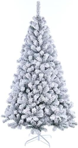 Image of VIROSA Xmas Snow Flocked Artificial Christmas Tree with Foldable Stand, Premium Spruce with Realistic Branches, Metal Stand, Indoor Holiday Decoration, 600 Tips, 6FT (183 CM)