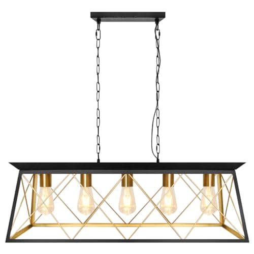 Image of Long Life Lamp Company Large Vintage 5 Light Brass Pendant Light Fitting Hanging Ceiling Lantern Black Cage H3116