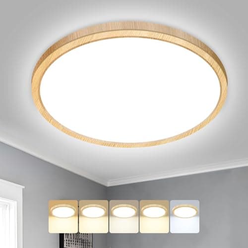 Image of Peasur Bathroom Light, 3000K/3500K/4000K/5000K/6500K 5 Color Temperature LED Ceiling Light, 18W 1800LM, IP54 Waterproof, Round, Modern, Flush Ceiling Light for Bathroom, Kitchen, BedroomØ22CM(Wood)