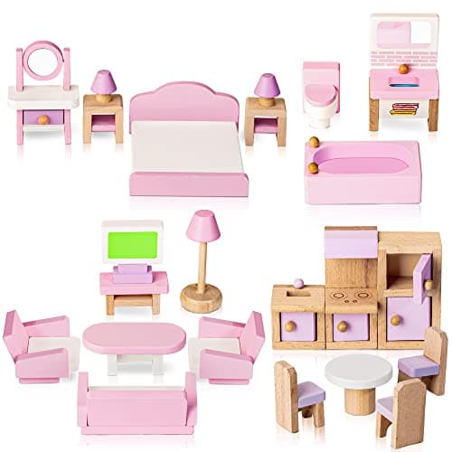 Image of Lawcephun Wooden Dollhouse Furniture Set, 5 Room Kit 22 Piece Miniature Wood Accessories, Including Kitchen, Dining Room, Living Bedroom, Bathroom Playhouse Family Figures Play Toy, Pink (WT06)