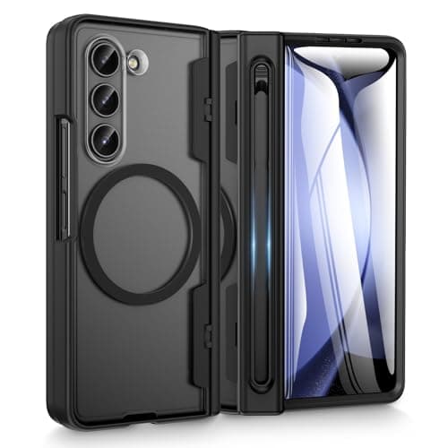 Image of Doeshine for Samsung Galaxy Z Fold 5 Case with Magnetic Charging & Thinner S-Pen Slot (No S-Pen), Built-in Screen Protector & Hinge Protection, Translucent Hard Shockproof Cover for Fold 5 (Black)