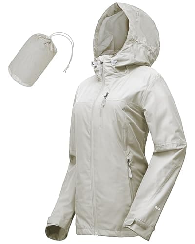 Image of 33,000ft Women's Lightweight Waterproof Jacket Packable Hooded Rain Jacket Breathable Windbreaker Softshell Raincoat for Outdoor Running Walking Hiking (Beige-S/UK 10)