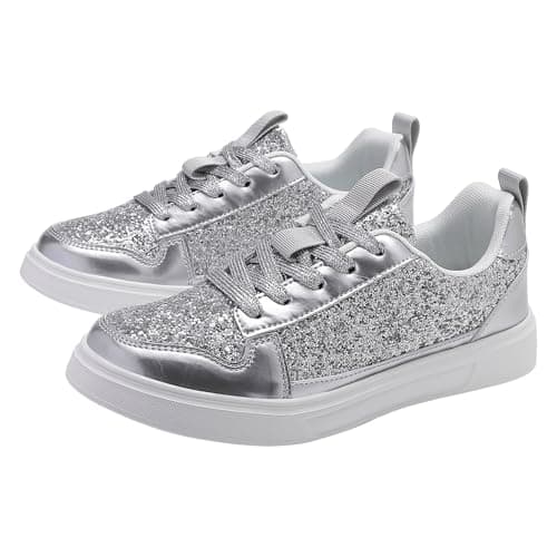 Image of New UK 6.5 Glitter Sparkly Fashion Sneakers Women Low Top Sequins Lace Up Tennis Shoes Comfort Bling Fashion Shiny Walking Shoes Wedding Bridal Shoe Gift Footwear Silver