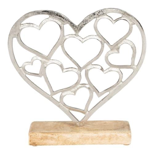 Image of F&G Supplies Beautiful small Polished aluminium 'Heart full of hearts' on a wooden base - sculpture decoration jewellery stand - would make a