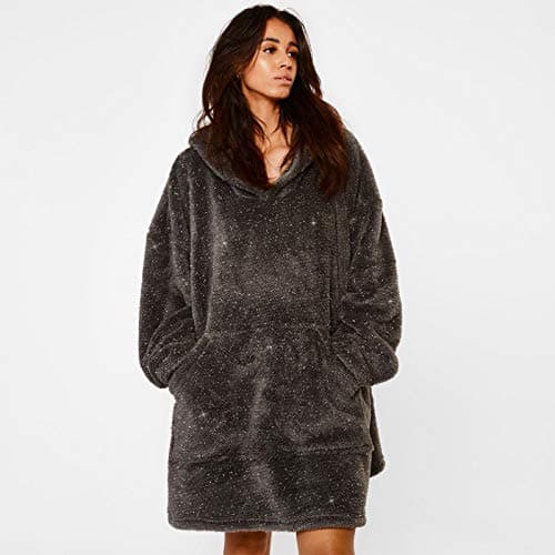 Image of Sienna Oversized Hoodie Blanket Teddy Glitter Fleece Warm Cosy Fluffy Throw Wearable Blanket Hoodie Sweatshirt with Large Pocket for Women Adults, One Size - Charcoal Grey