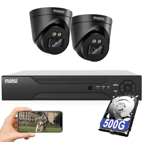 Image of MAISI 3K CCTV Security Camera System, 4CH DVR 2x 5MP Dome Cameras, Night Vision, Easy Mobile View, App Push Notification, Waterproof, 500GB Hard Drive