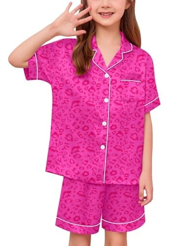 Image of SWOMOG Girls Silk Pyjamas Short Sleeve Sleepwear Kids 2Pcs Satin Button-Down PJ Sets Nightwear Hot Pink Leopard 12-13 Years