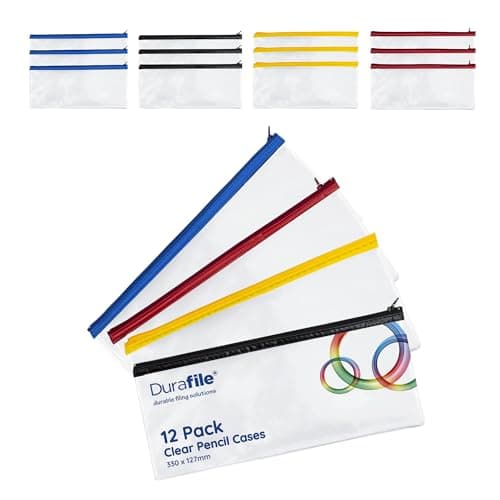 Image of Durafile Clear Pencil case | Pack of 12 Pencil Cases | Assorted Colour Zips | Large See Through Stationery case 330x127mm | Transparent Pencil case for Exams pens Pencils highlighters Make up & More
