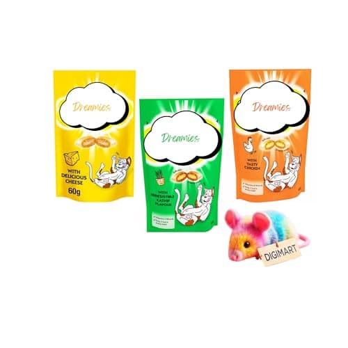 Image of DigiMart Toy With Dreamies Cat Treats Variety Pack, Cheese, Catnip and Chicken Flavours 3 × 60g Packs