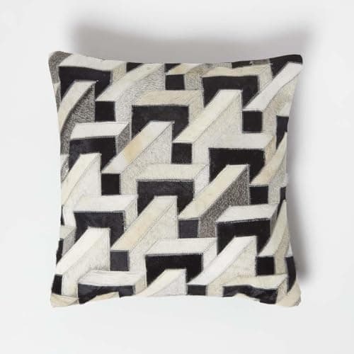 Image of HOMESCAPES Cream & Brown Leather Cushion 45 x 45 cm Geometric Block Cushion With Suede Reverse Real Leather Modern Accent Pillow for Sofa Cushion Insert Included