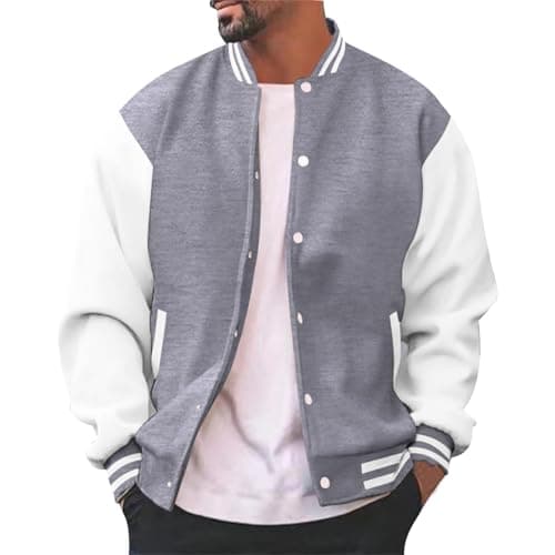 Image of Jackets for Men Men's Fashion Varsi Jacket Causal Slim Fit Letterman Baseball Bomb Er Jackets Urb an Classic College Jacket (Grey, S)
