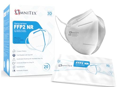 Image of Omnitex FFP2 Face Mask - Box of 20, Individually Wrapped | High Filtration - 5 Layers | EN149 CE Certified | Hypoallergenic | Fluid Resistant | Ear Loops & Adaptable Nose Bridge