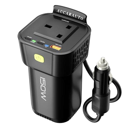 Image of AUCARAUTO 4 in 1 Car Power Inverter Compatible with Cup Holder, 150W Inverter 12V to 240V / 230V Converter with 60W USB-C and 18W USB-A Charging Ports, Charge for Laptop, iPad, Phone, Tablet & More