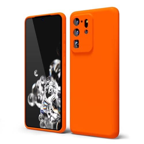 Image of Oakxco for Samsung Galaxy S20 Ultra Phone Case Liquid Silicone, Fluorescent Bright Solid Color, Thin Slim Soft Rubber TPU Plain Smooth Gel Matte Protective Cover for Women Girl Grip, Burnt Neon Orange