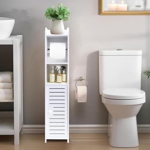 Image of powerking Toilet Paper Roll Holder Stand for Small Space, White Toilet Storage for Restroom Cabinet with Doors and Shelves, Slim Floor Standing Display Cabinet