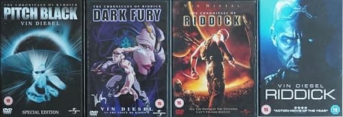 Image of THE CHRONICLES OF RIDDICK QUADRILOGY COMPLETE VIN DIESEL 1-4 COLLECTION 1. PITCH BLACK / 2. DARK FURY / 3. THE CHRONICLES OF RIDDICK / 4. RIDDICK = ULTIMATE 4x DVD UK SET