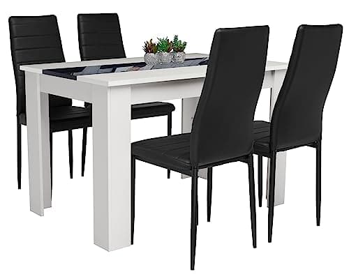 Image of Blisswood Dining Table Set, Dining Table And Chair Set, Pu Leather Dining Room Chairs and 17mm Thick Table Top Long Modern Dining Table Set (White & Black Dining Table And 4 Black Chair)