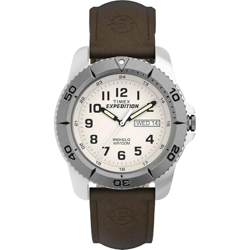 Image of Expedition Timex Men's Quartz Strap Watch with Yellow Dial Analogue Display and Brown Leather