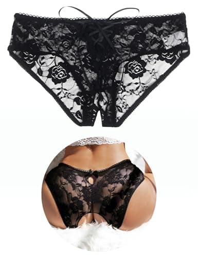 Image of ohyeahlady Thongs for Women Sexy Panties Plus Size Sheer Lace Underwear Soft Stretchy French Knickers Low Rise Brazilian Knickers Underpants Lace Up Bikini Briefs 1 Pack Black Size 16 18