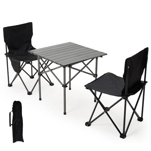 Image of Warmiehomy Camping Table and Chairs Picnic Folding Table with 2 Chairs 50cm Aluminium Rolling Tabletop Fold up Chair with Side Pocket Portable Camping Set with Carry Bag for Indoor Outdoor BBQ,Black