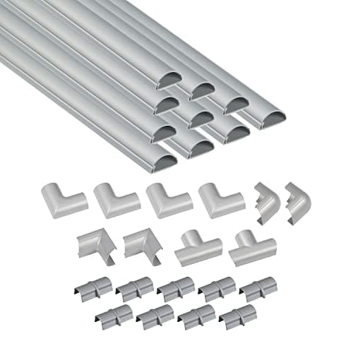 Image of D-Line 30x15mm Cable Trunking 4m Multipack, Half Round Profile, Self-Adhesive Wire Cover, Paintable Cable Management - 10x 30mm (W) x 15mm (H) x 40cm Lengths and Accessories - Aluminium-Effect