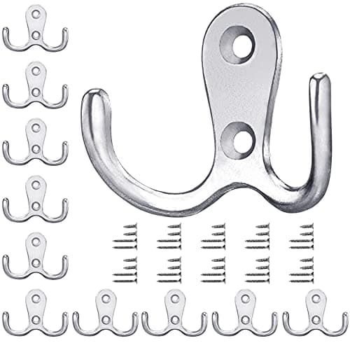 Image of Gorffy Door Hooks 10PCS, Retro Silver Double Heavy Duty Metal Coat Hook with 40 Screws for Hanging, Robe, Towel, Coat, Bag & Hat (Silver, 10PCS)