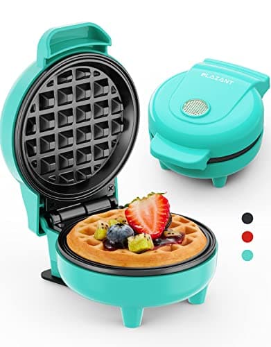 Image of Waffle Maker Mini Small Compact Design, Breakfast Waffle Iron Machine Nonstick Coating, Snack Chaffle Hash Browns Round 4 Inch 550W, Blue BLAZANT