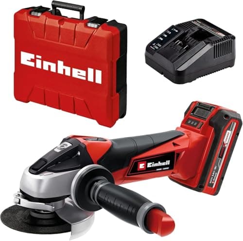 Image of Einhell Power X-Change 115mm (4 Inch) Cordless Angle Grinder with Battery and Charger - 18V Disc Battery Grinder for Cutting, Grinding and Polishing - TE-AG 18/115 Li Power Tool Set with Storage Case