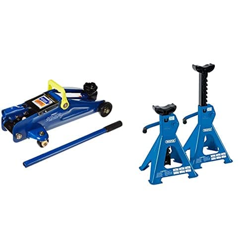 Image of Draper 27634 2 Tonne Light Duty Trolley Jack, 440mm x 200mm x 140mm & 30878 Ratcheting Axle Stand, 2 Tonne Capacity, 36mm x 85mm Saddle, Pair