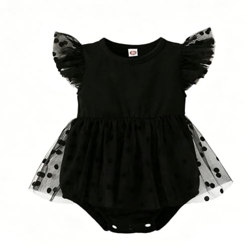 Image of imKutie Newborn Baby Girl Black Lace Romper Ruffle Sleeve Boho Polka Dot Mesh Princess Dresses Photoshoot Bodysuits Funeral Outfits for 0-12 Months