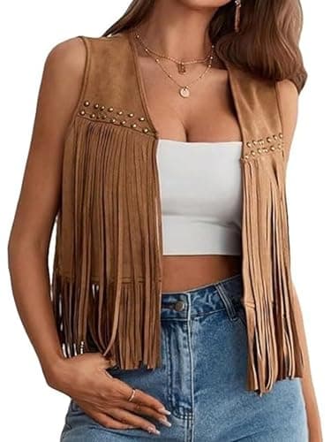 Image of SANSIWU Women's Fringe Vest 70s Hippie Sleeveless Faux Suede Rivets Tassel Vest Waistcoat Cowgirl Western Jacket Cardigan (B-Brown, L)