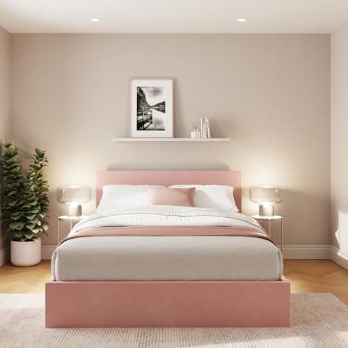Image of Double 135cm Ottoman Storage Bed Frame End Lift Gas Lift Bed in Blush Pink Velvet with Spacious Underbed Storage