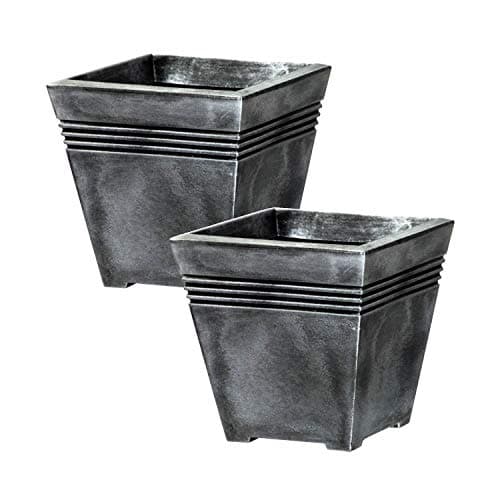 Image of Plastic Milano Square Planter - Set of 2 - Distressed Silver Finish with 4 Linear Groove Design - 33cm (H) x 34cm (L) x 34cm (W) - for Indoor & Outdoor Use.