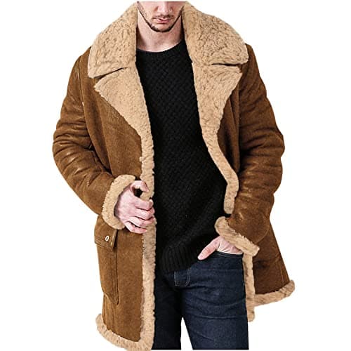 Image of Mens Suede Leather Jacket Faux Fur Sherpa Fleece Lined Trucker Jacket Sheepskin Winter Trench Coat Warm Thick Outwear Fluffy Lapel Motorcycle Cargo Work Jacket Overcoat for Men UK Sale Clearance
